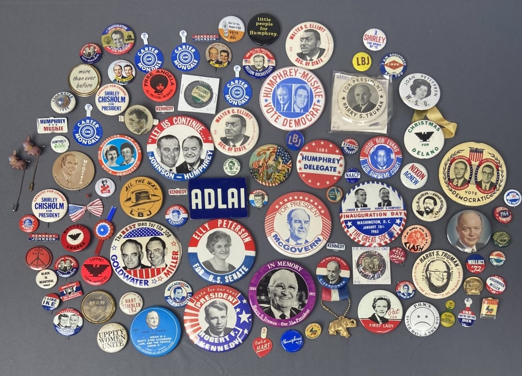 40s-80s Political & Protest Pin Back Buttons Large collection of buttons including ones for Farm (1 of 8)