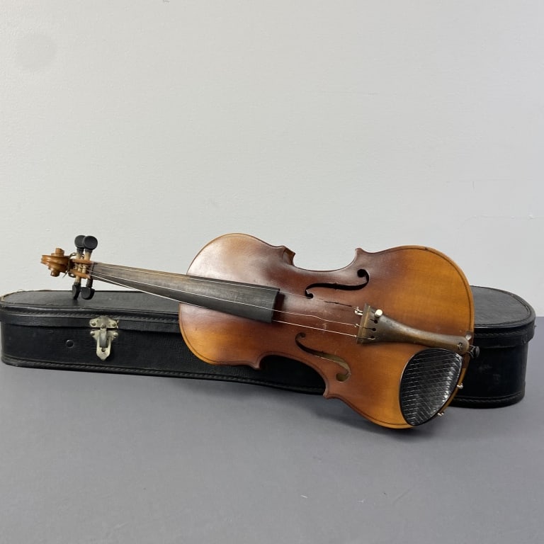 Violin With Case Unmarked violin, comes with case and spare strings, no bow. (1 of 9)