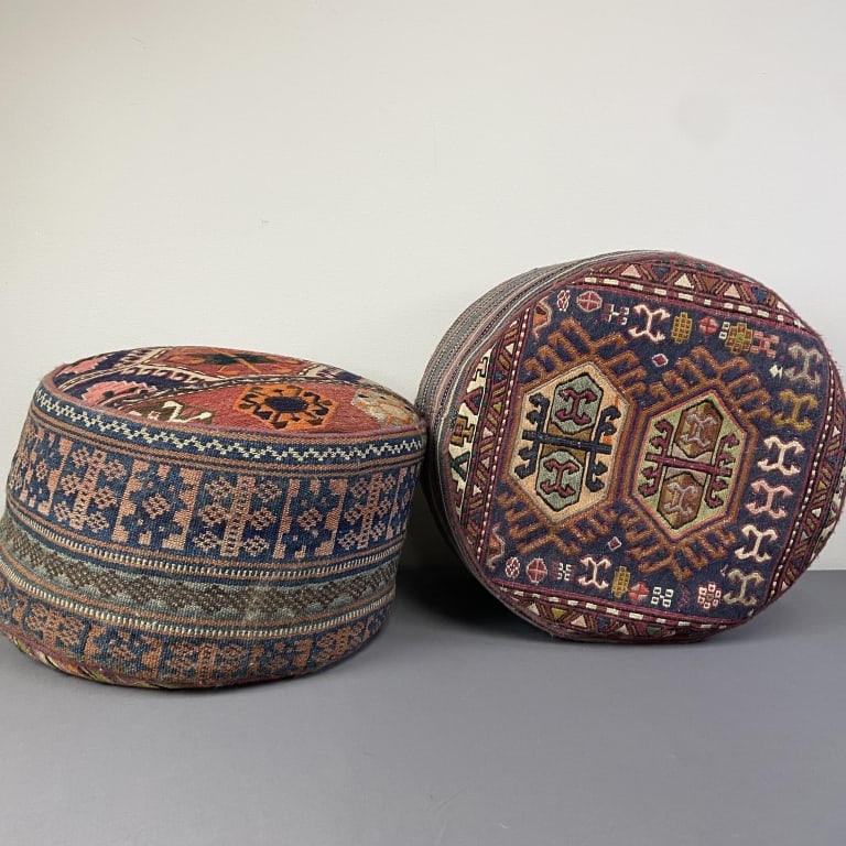Kilim Wool Poufs Made in Iran Two wool Kilim poufs with different patterns. One is tagged on the (1 of 8)
