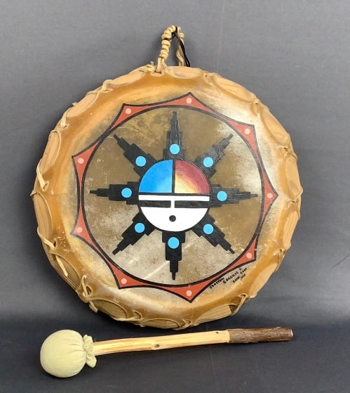 Beautiful Zuni Pueblo Drum by Clayton Eoaakie Wood slabs are cut and shaped. Cow hides are cut with (1 of 8)