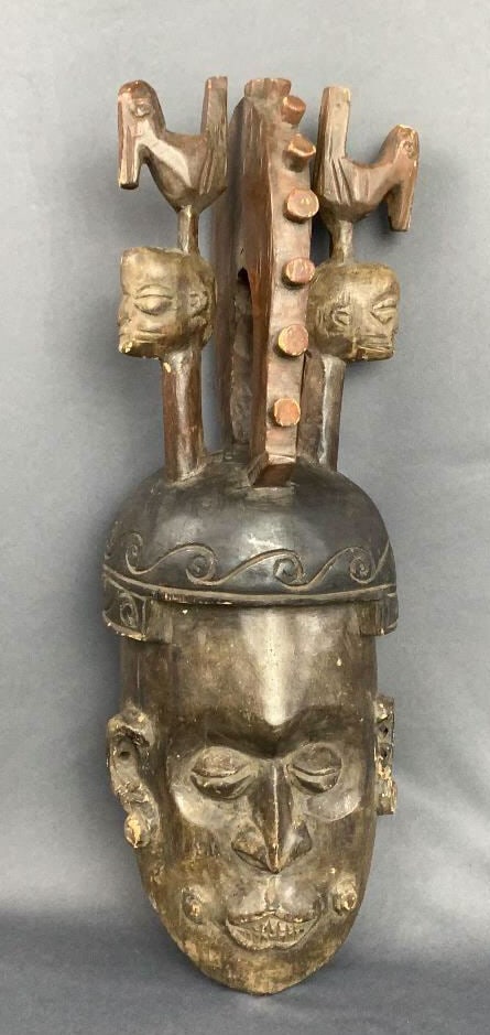 Carved Wooden African 3 Headed 2 Birds Tribal Mask Measures: 22"T x 8"W (1 of 10)