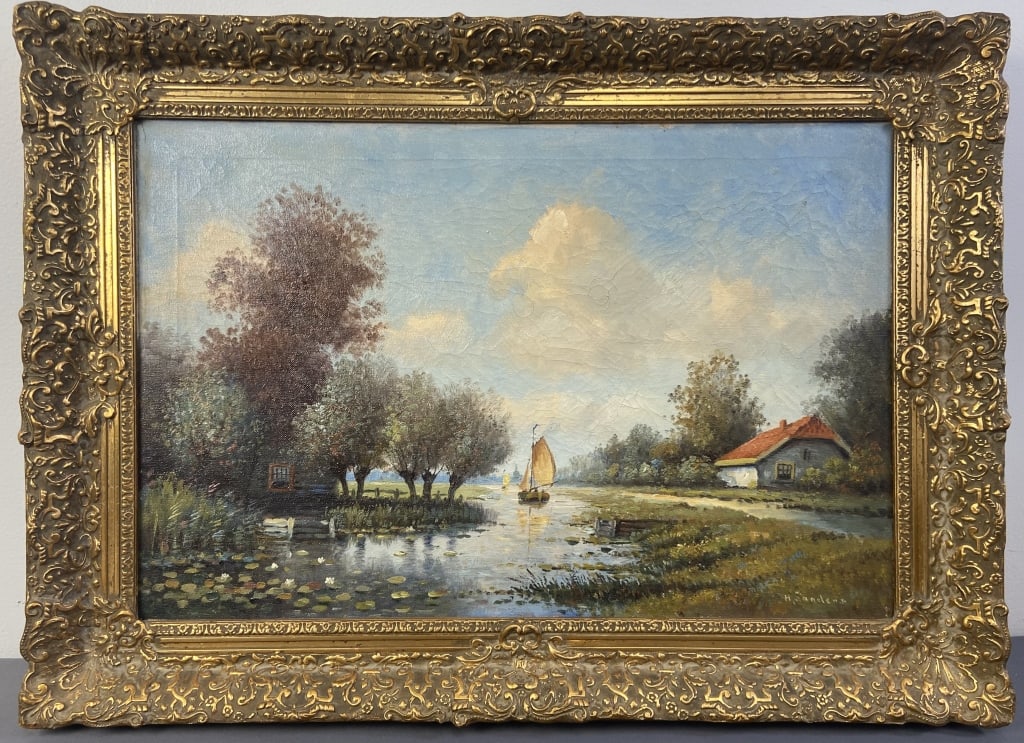H Sanders Canal Oil Painting in Ornate Frame Oil painting of a boat on a Dutch canal. Painting is (1 of 4)