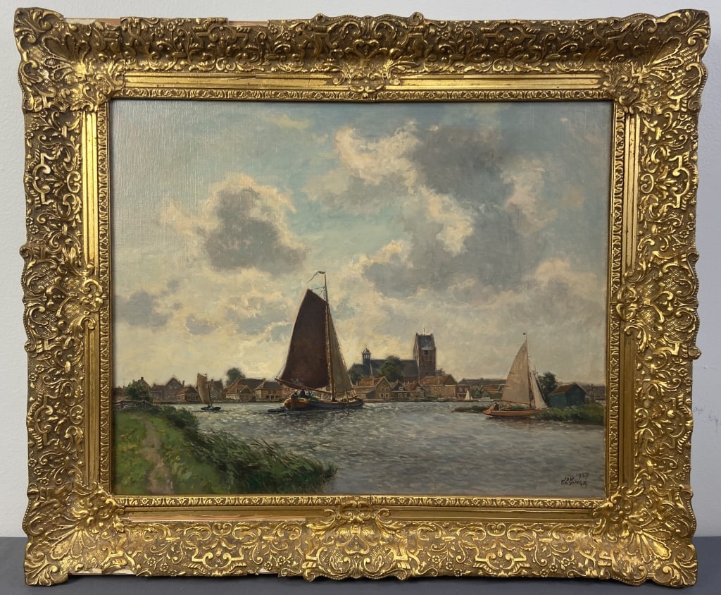 Etsinga Signed Dutch Canal Oil Painting 1957 Oil painting of sailboats on a Dutch canal, signed Jon: Oil painting of sailboats on a Dutch canal, signed Jon Etsinga 57. Some chips in the gold gilt ornate frame. Painting with frame is 25 X 21 inches in size.
