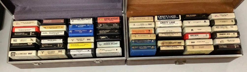 48. 8 Track Tapes in Cases Beatles, Cher, Elvis Forty-eight 8 track tapes untested. Includes The: Forty-eight 8 track tapes untested. Includes The Beatles, Elvis Presley, Sonny & Cher, Beach Boys, Tommy Dorsey, Harry Belafonte, Frankie Valli, BJ Thomas, Donny & Marie Osmond, Don McLean, Kenny Roge