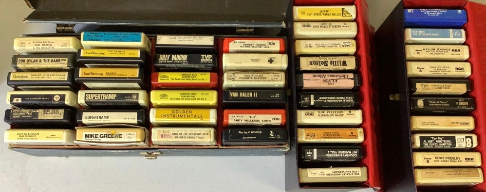 44. 8 Track Tapes, Elvis, Bob Dylan, Van Halen Cases are rough. Tapes include Bob Dylan, Bob Seger,: Cases are rough. Tapes include Bob Dylan, Bob Seger, Supertramp, Van Halen, John Denver, Elvis Presley, Waylon Jennings, Willie Nelson, Eric Clapton, Charlie Pride, The Pointer Sisters, and Dionne War