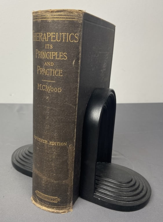Antique Medical Book 19th Century 1888 Therapeutics: Its Principles and Practice by HC Wood.: Therapeutics: Its Principles and Practice by HC Wood. Published by JB Lippincott, seventh edition, 1888. Split in front end pages exposing super, some writing and drawing of the first owner, Dr CJ Fis