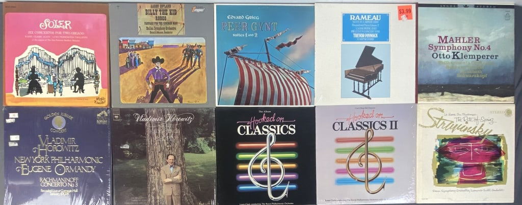 Stravinsky, Chopin, Rachmaninoff, Grieg Vinyl LPs Grief Peer Gynt Suites 1 & 2, Somerset Records: Grief Peer Gynt Suites 1 & 2, Somerset Records P-9400 Copland Billy the Kid Rodeo, Turnabout Records TV-34169. Mahler Symphony No. 4, Angel Records 35829. Soler Six Concertos for Two Organs Music Guil