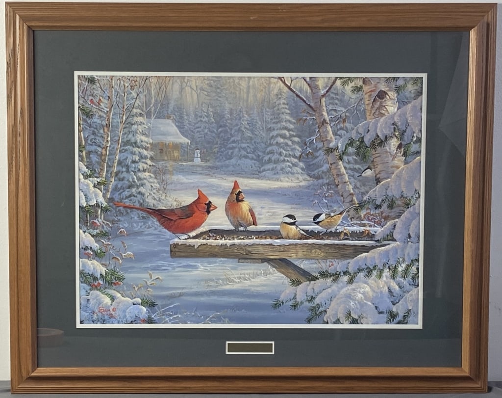 Sam Timm Christmas Treats Framed Bird Print Winter print of cardinals and chickadees by the artist (1 of 6)