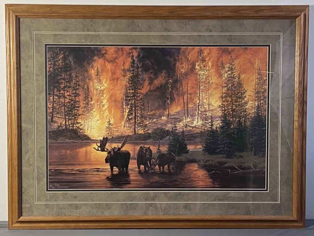 Moose Forest Fire Framed Print by Jim Tschetter Legacy by Jim Tschetter, art print of a family of (1 of 5)