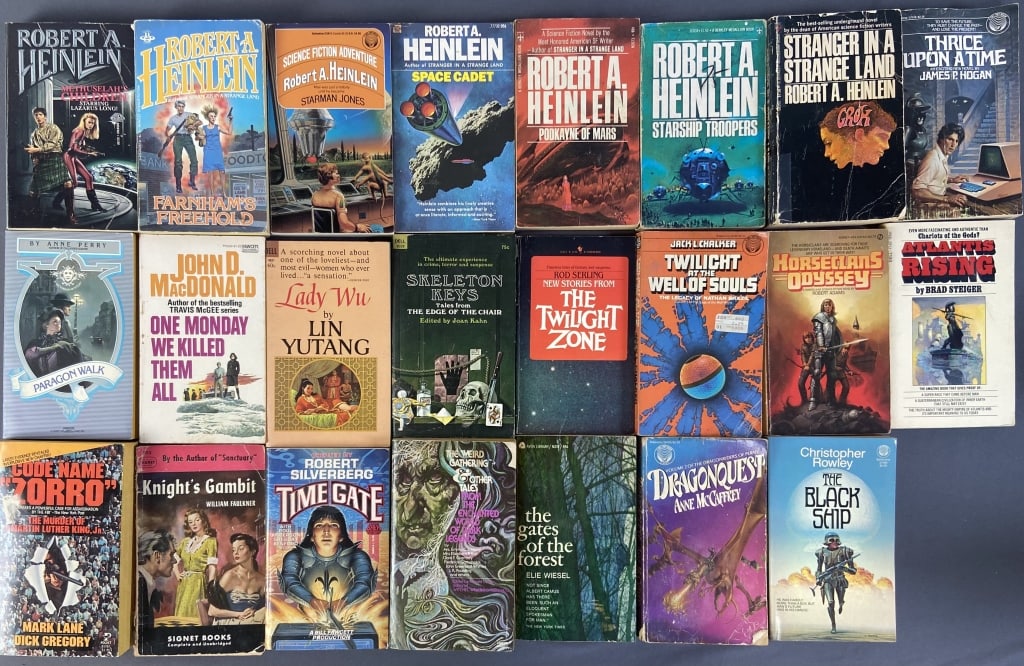 Vintage Paperback Books Sci Fi, Mystery, Erotic Twenty-three paperback novels, mostly science: Twenty-three paperback novels, mostly science fiction. Methuselah's Children by Robert A Heinlein, published by Baen Books, November 1986. Farnham's Freehold by Robert A Heinlein, published by Berkley