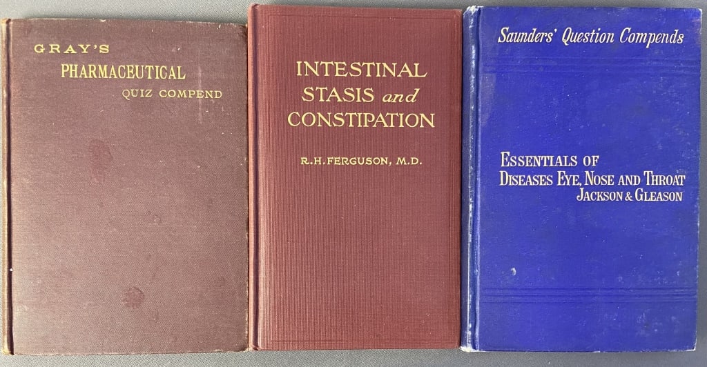 Antique Disease & Drugs Books Set of Three Essentials of Diseases Eye, Nose, and Throat by Edward: Essentials of Diseases Eye, Nose, and Throat by Edward Jackson and E Baldwin Gleason. Published by WB Saunders, 1892. Some mild staining on pages, small split in front end pages. Non-Surgical Treatmen