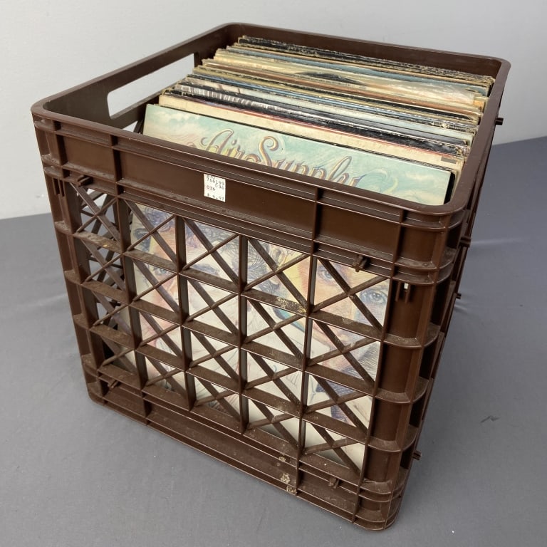 Mystery Lot of Vinyl Records in a Milk Crate Lot of 46 vinyl LP albums, all untested. Includes pop, (1 of 3)