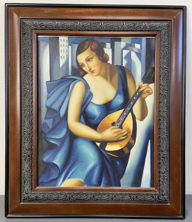 Tamara De Lempika Femme Bleu A La Guitare Print on canvas of Lempika's painting of a woman in a blue: Print on canvas of Lempika's painting of a woman in a blue dress playing a guitar. Artwork is 11 X 14 inches in size.