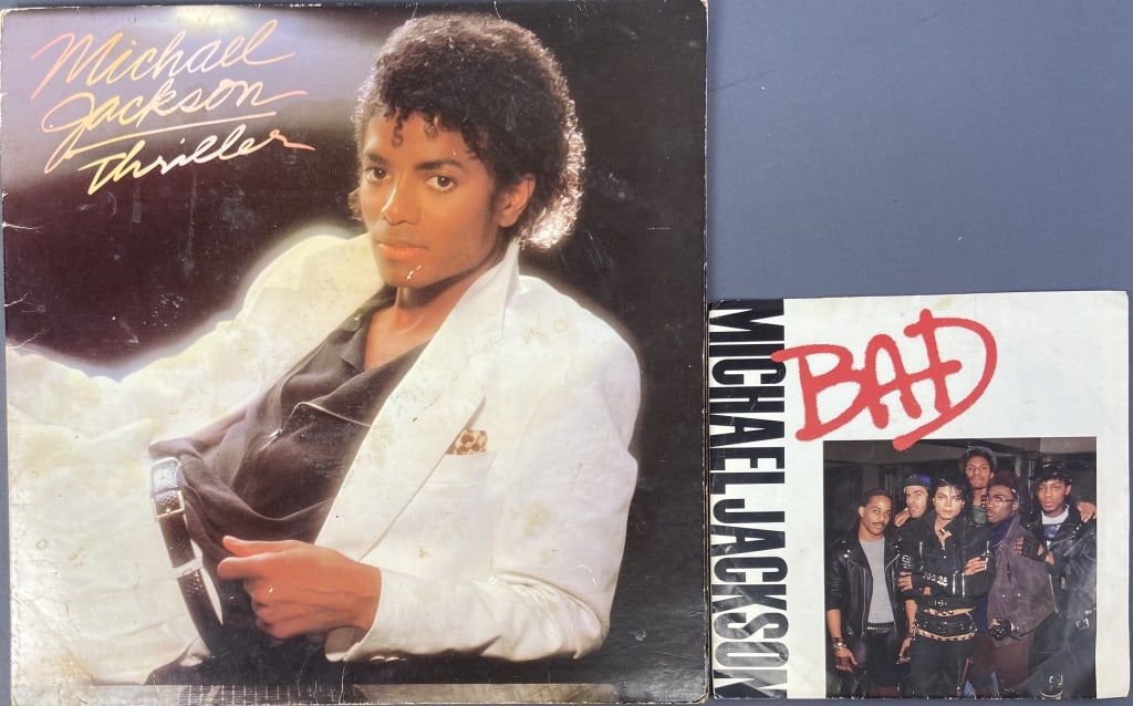 Michael Jackson Vinyl Thriller LP & Bad 45 Single Thriller, Epic Records, QE 38112, 1982. Missing (1 of 7)
