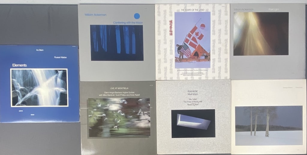 7 Windham Hill Records Vinyl LPs Isham, Stein Live at Montreux by Dario Anger and the Barbra Higbie: Live at Montreux by Dario Anger and the Barbra Higbie Quintet, WH-1036, 1985. Film Music by Mark Isham, WH-1041, 1983. December by George Winston, WHS C-1025, 1982. Elements by Ira Stein and Russel Wa