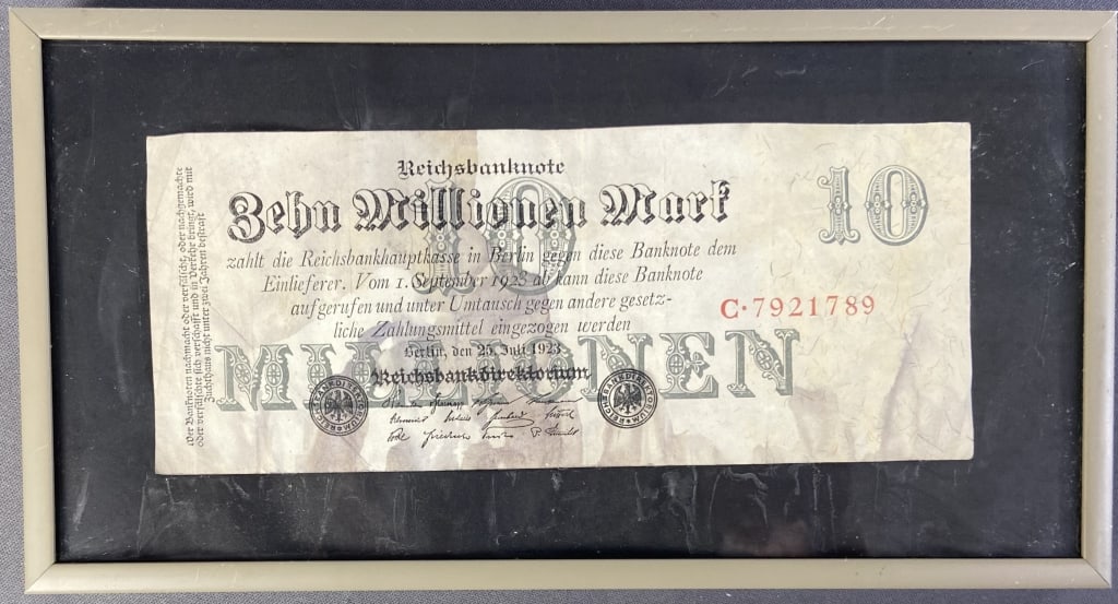 10 Million Mark Note in Frame German 10 million bill in frame, some staining on back of frame.: German 10 million bill in frame, some staining on back of frame.