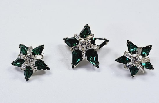 Trio of Emerald & Clear Rhinestone Pins Set of three star-shaped brooches, each featuring emerald (1 of 4)