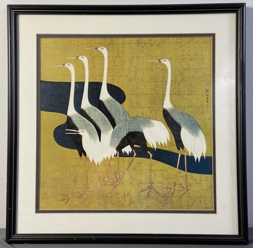 Sakai Hoitsu Cranes Wwtercolor & Gold Leaf Cranes watercolor by Sakai Hoitsu (1761-1828). Artwork: Cranes watercolor by Sakai Hoitsu (1761-1828). Artwork with frame is 19 X 19 inches in size.