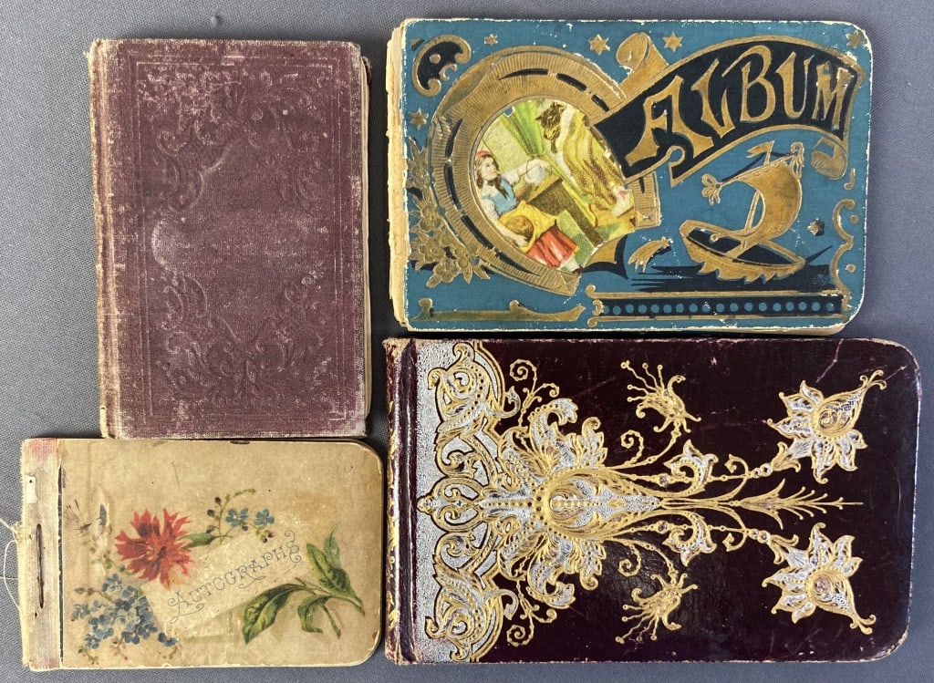 Antique Victorian Miniature & Autograph Books Sunnybank Stories Mother's Stories compiled by Asa: Sunnybank Stories Mother's Stories compiled by Asa Bullard, published by Lee & Shepard, 1863. Split at title page and end pages exposing the string sewn binding. Blue and gold foil horseshoe autograph