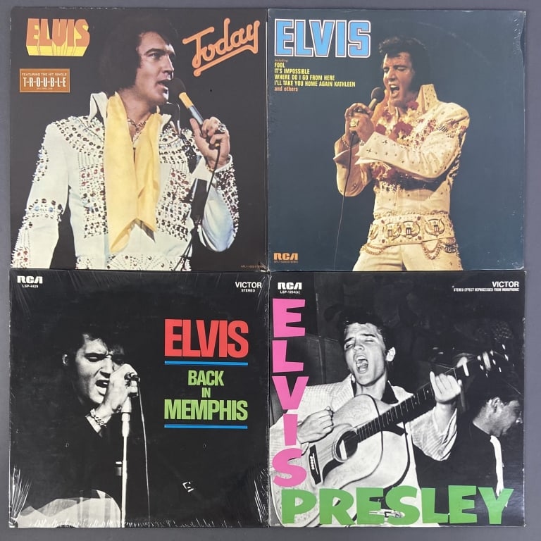 4 Sealed Elvis Vinyl LPs Today, Back in Memphis Back in Memphis, RCA Victor: Back in Memphis, RCA Victor LSP-4429. Elvis Presley, RCA Victor LSP-1254(e). Today, RCA, APL1-1039. Elvis, RCA, APL1-0283. Vinyl sold untested.