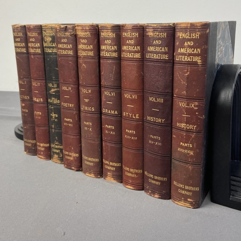 Antique English & American Literature Book Set Set of nine books, (volume 10 is missing), published: Set of nine books, (volume 10 is missing), published by Bellows Brothers Company, 1906. Leather bindings with marbled paper. Volumes include History, Poetry, Style, Orations, Drama, Lyrics, Essays, an