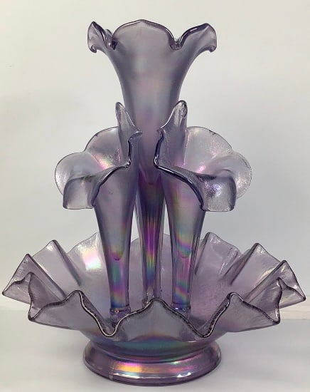 Fenton Violet Satin Iridescent Epergne One of the outer vases base is chipped but still fits in the (1 of 12)