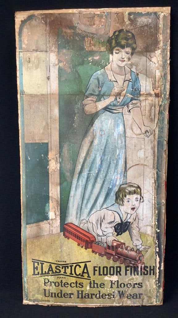 Antique Elastica Floor Finish Advertising On: On cardboard Please see images for details regarding condition.