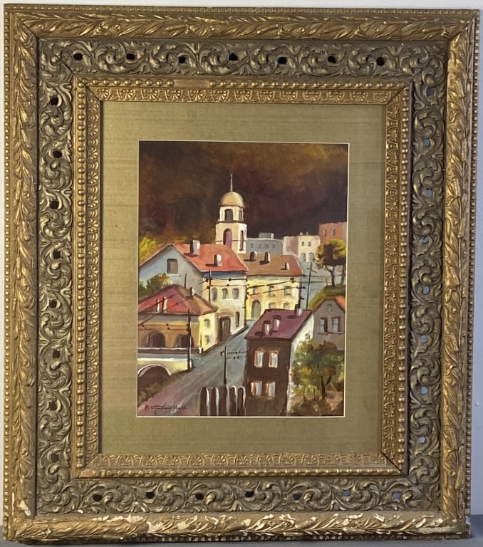 European Cityscape Oil Painting in Antique Frame Oil painting of what appears to be a street in a: Oil painting of what appears to be a street in a European city, signed M Green Hall. Painting is in a much older ornate frame, frame has some cracking on the bottom. Painting with frame is 29 X 33 inc