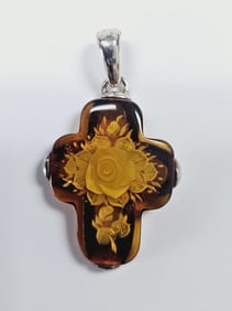 Vintage Sterling Silver Carved Amber Cross Poland Pendant weighs 7.1 Grams