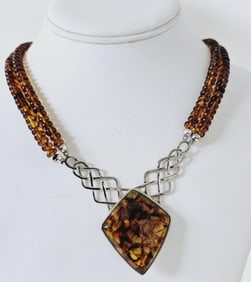 Sterling Silver Amber Bib Necklace Necklace weighs 35.9 Grams Measures 20"