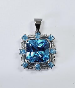 Sterling Silver Blue Zircon CZ Necklace Pendant Pendant weighs 9.5 Grams Signed ADI