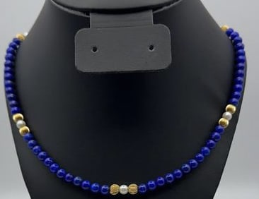 Lapis Lazuli Bead Necklace 14K Clasp Necklace Measures 24"