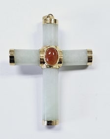 14K Gold Lavender & Orange Jade Cross Pendant Pendant weighs 10.6