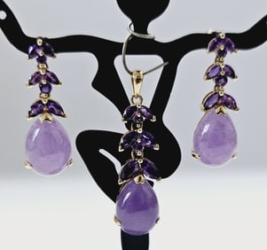 14K Gold Lavender Jade & Amethyst Earrings Pendant Pendant & Earring Set weighs 9.5 Total Grams