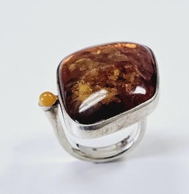 ATI Sterling Silver Amber Ring Poland Size 8 Ring Weighs 13.4 Grams