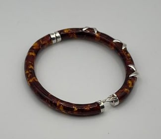 Milor Silver Tortoise Shell Enamel Bangle Bracelet Bracelet Measures 5.5"  Bracelet Weighs 21 Grams