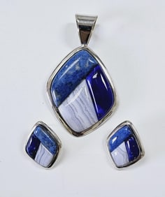 Jay King Sterling Gemstone Earring & Pendant Set Lapis, Turquoise, and Blue Lace Agate