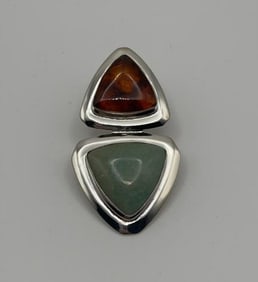 Sterling Silver Amber and Chrysoprase Pendant Pendant Weighs 10.7 Grams