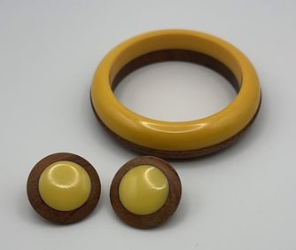 Vintage Bakelite and Wooden Earrings & Bracelet Bracelet Measures 7"