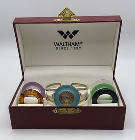 Waltham Watch with Six Changeable Faces Watch Measures 4.5"  Watch is Not Tested  In Original Box