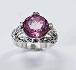Fai Po Sterling Silver Pink & White Topaz Ring Ring weighs 7.8 Grams Size 9