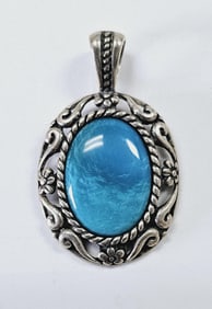 Sterling Silver Turquoise Oval Filigree Pendant Pendant Weighs 6.8 Grams