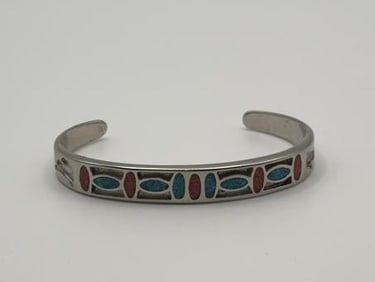 Sterling Silver Turquoise and Coral Chip Cuff Bracelet Measures
