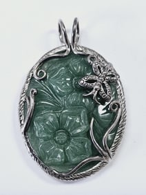 Sterling Silver Floral Carved Jade Pendant Pendant weighs 30.8 Grams