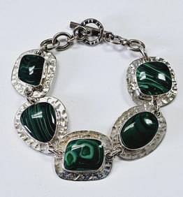 Sterling Silver Malachite Link Bracelet Bracelet Measures 8"  Bracelet Weighs 38.3 Grams