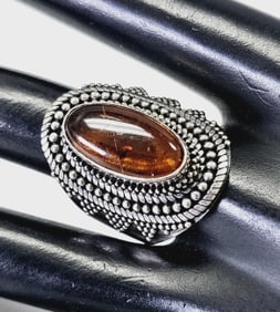 BA Signed Sterling Silver Amber Oval Ring Size 8.75 Ring Weighs 12.3 Grams