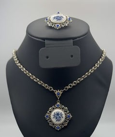 1928 Hand Painted Porcelain Necklace & Brooch Necklace Measures 21" They are silver tone