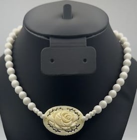 Vintage Carved Bovine Bone Rose Necklace Necklace Measures 32"