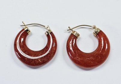 14K Natural Orange Jade Hoop Earrings Earrings weigh 9.0 Grams