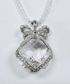 Swarovski Crystal Silver Tone Bow Pendant Necklace Necklace Measures 18"